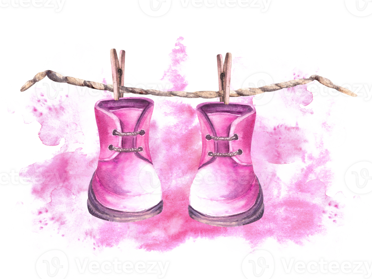 Baby pink booties, shoes with clothesline and clothes pegs against a background of watercolor stains It is a girl. Painted illustration for birthday, baby shower, newborn, gender reveal party png