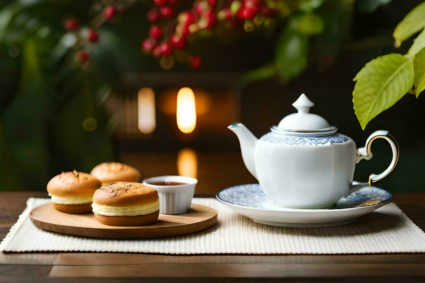 AI generated a blue and white china teapot and a cup of tea on a wooden table in. AI-Generated photo