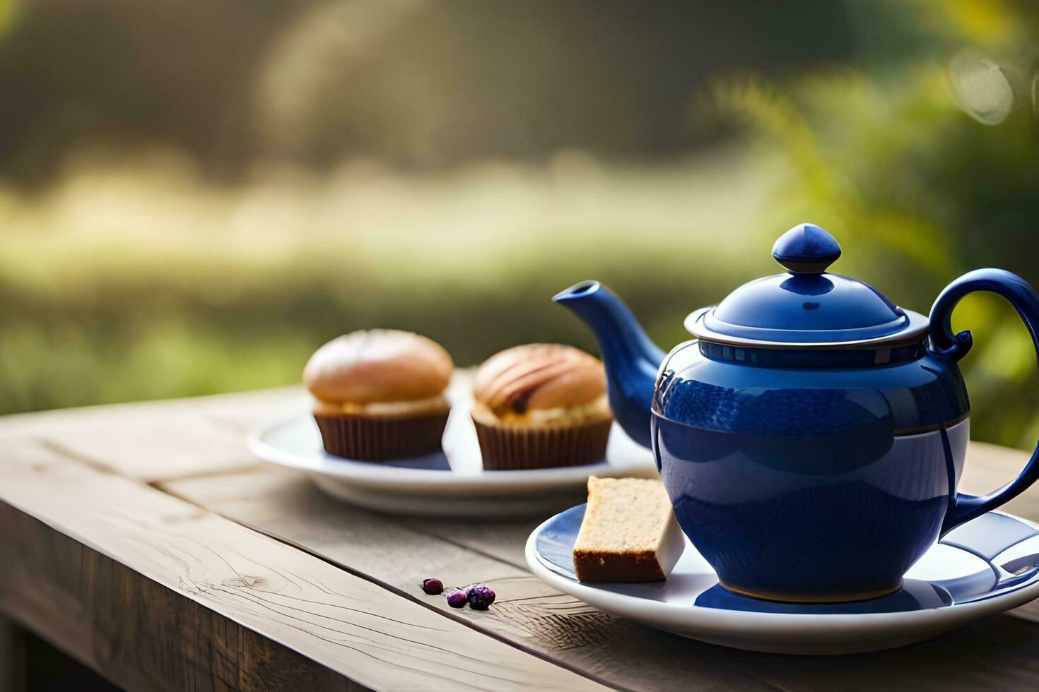 AI generated a blue and white china teapot and a cup of tea on a wooden table in. AI-Generated photo