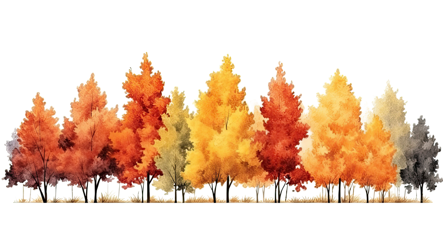 AI generated Autumn trees watercolor horizontal banner isolated on a transparent background. png