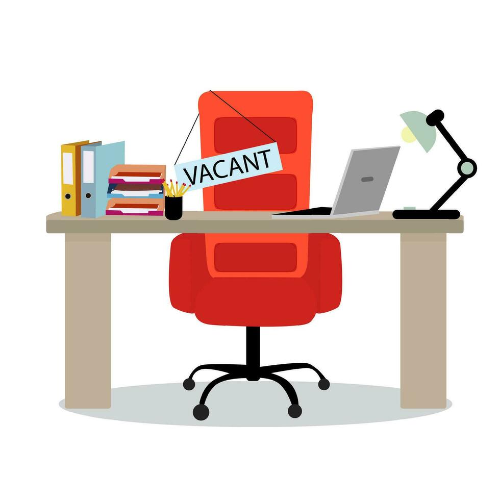 Vacant place chair at ofiice table. Search employee, vacant place for work, empty chair. Vector illustration