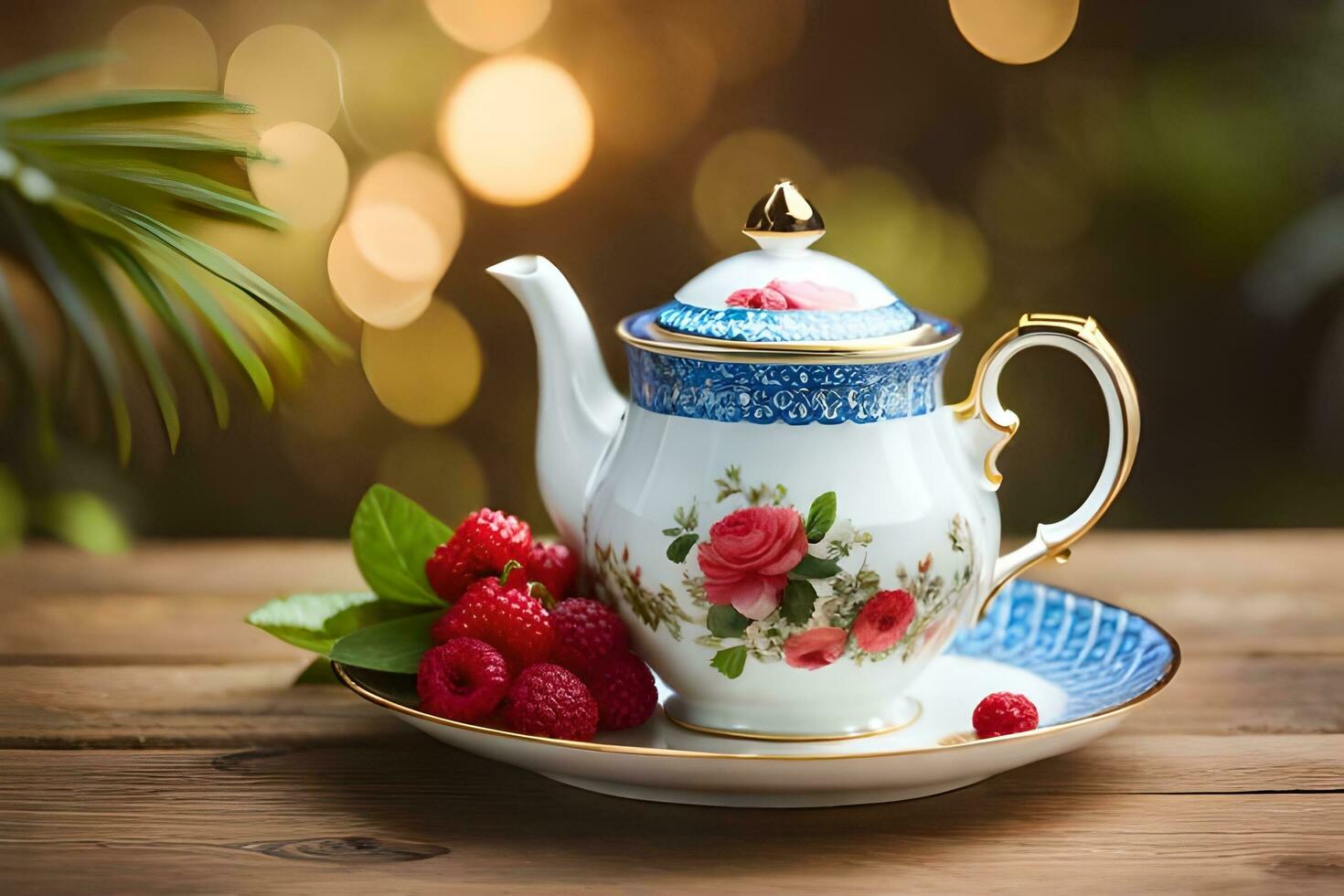 AI generated a blue and white china teapot and a cup of tea on a wooden table in. AI-Generated photo