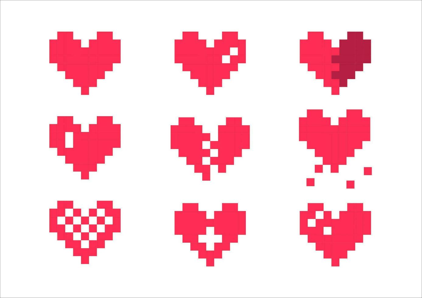 Pixel heart red set 8 bit for poster pattern, print, design, elements vector