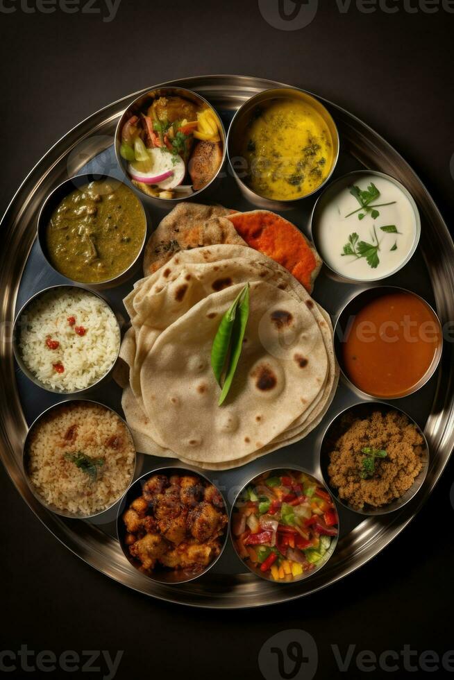 AI generated a tempting assortment of Indian foods arranged on a silver tray photo