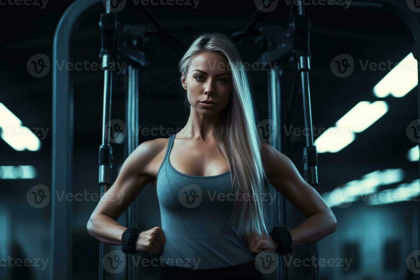 AI generated a beautiful young woman with long blonde hair, who appears to be a fitness model, posing in a gym. photo