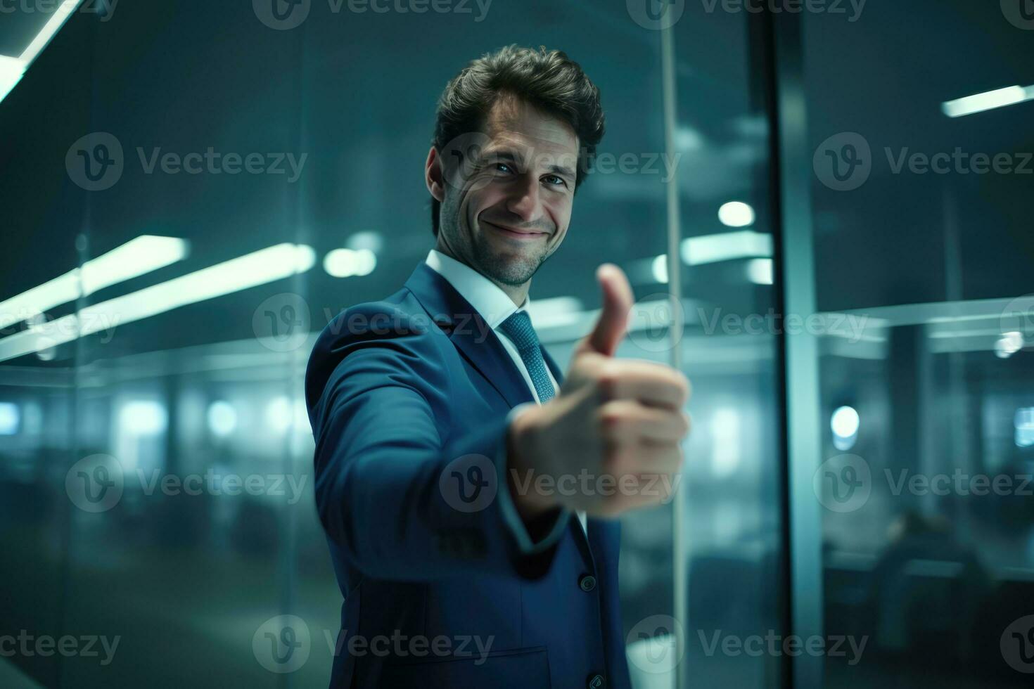 a man in a suit and tie enthusiastically giving a thumbs up sign. He is wearing a blue tie, which adds to his professional appearance. The man seems to be in an office or a business setting, as there is a chair and a dining table in the room. photo