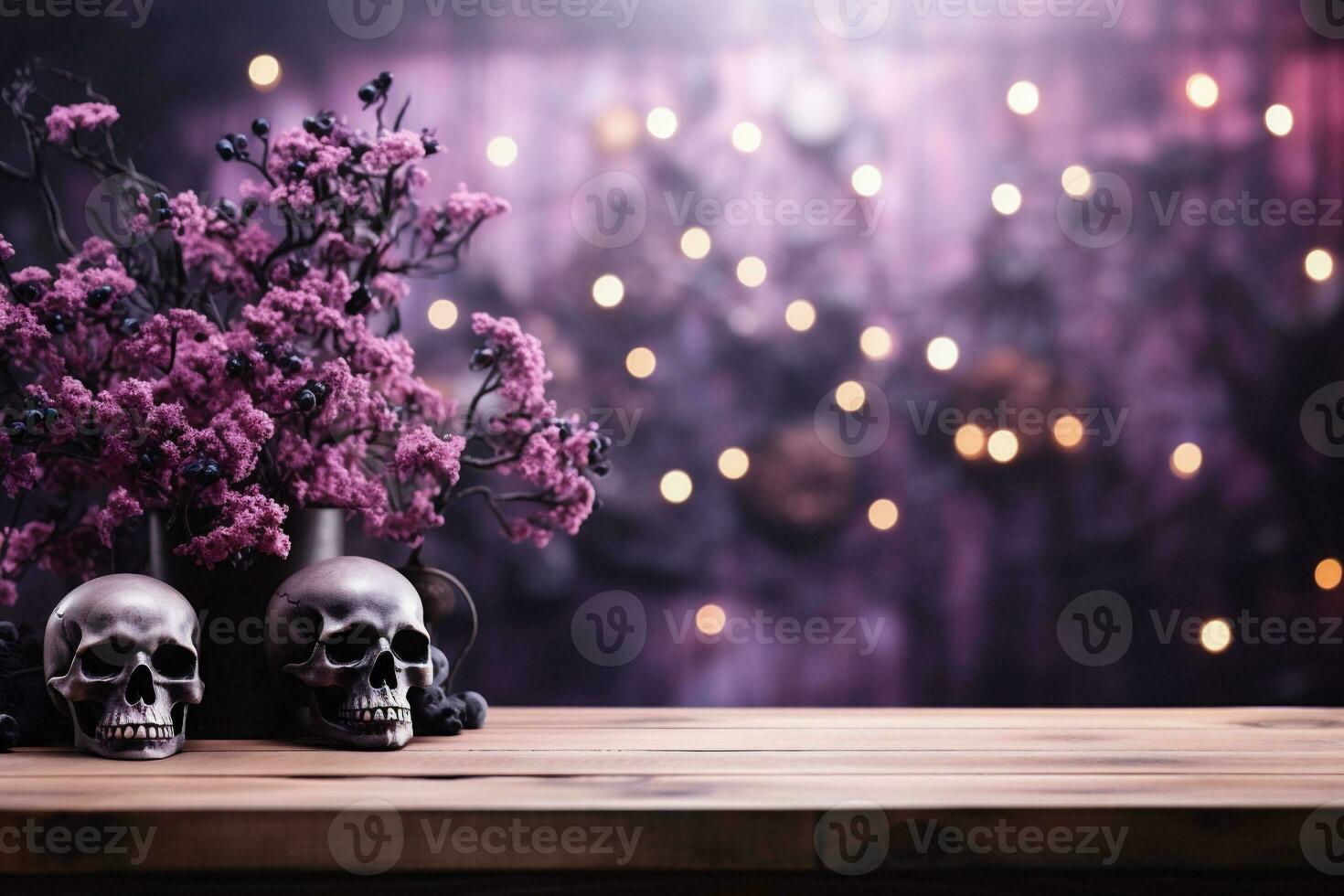 AI generated Skulls and flowers in vase on wooden table with bokeh background photo