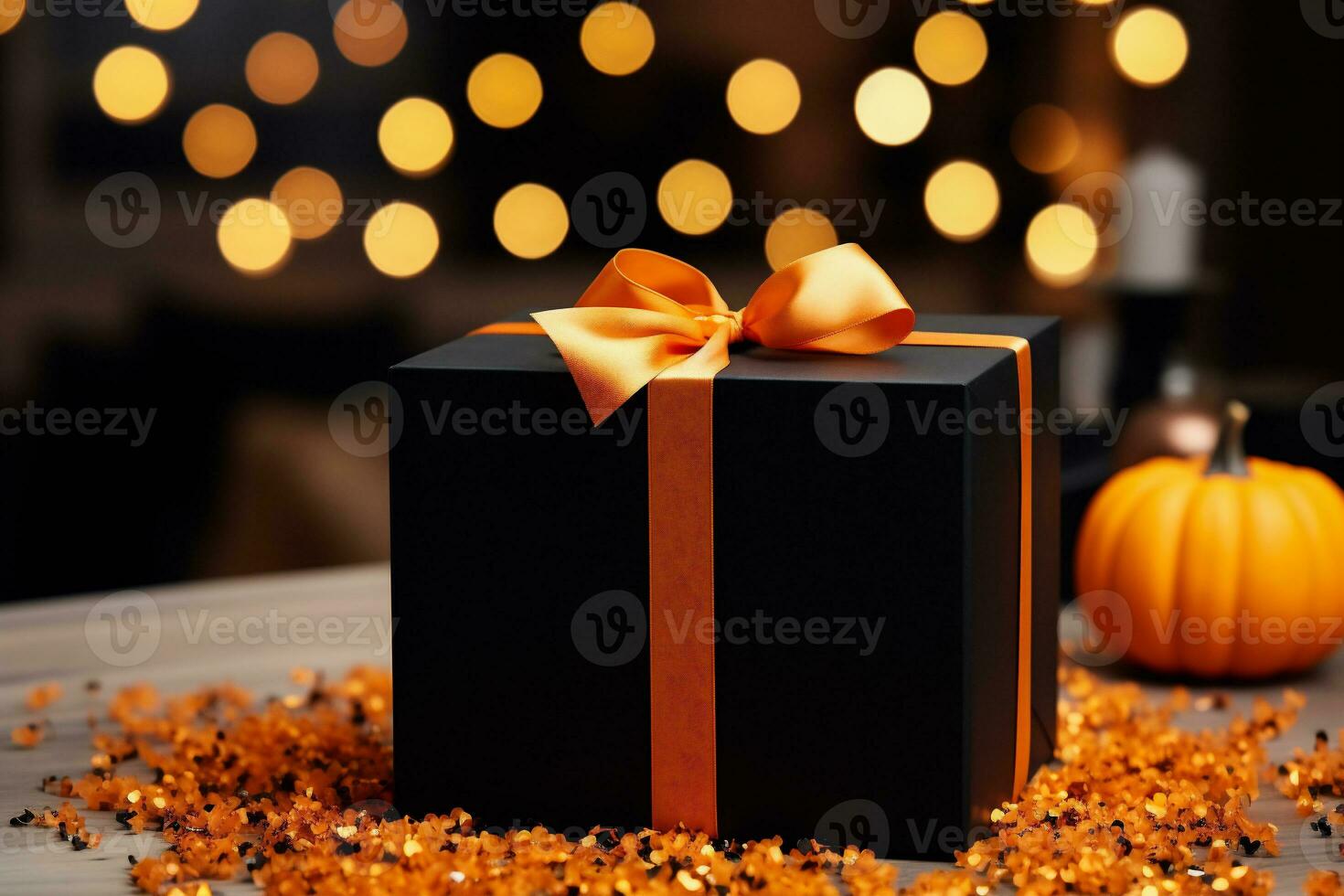 AI generated Black gift box with orange bow on bokeh lights background. photo