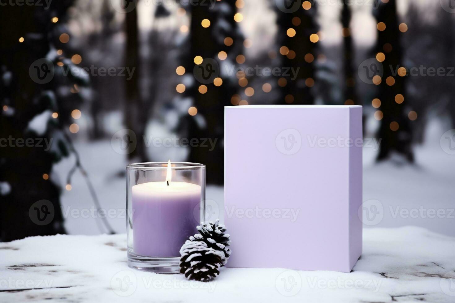 AI generated Burning candle and Christmas decoration on snow in winter forest at night photo