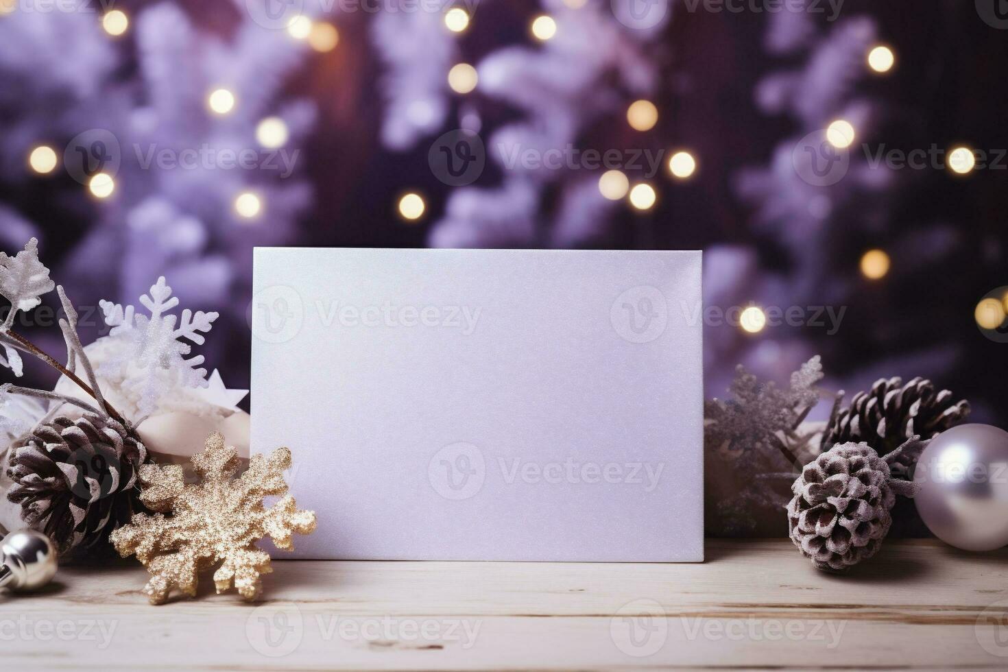 AI generated Christmas greeting card on wooden table with bokeh lights background. photo