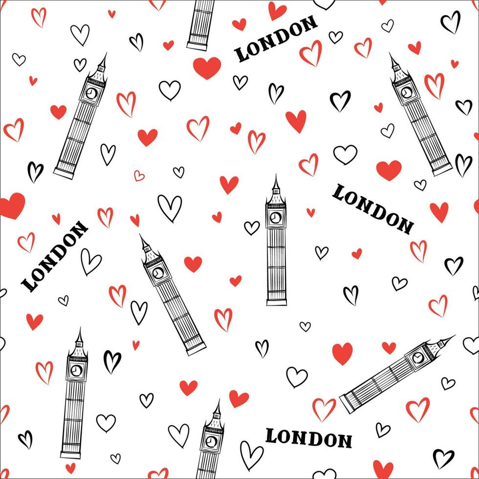 Travel London city seamless pattern with love hearts and Big Ben Tower. British landmark wallpaper.  European England vacation background vector