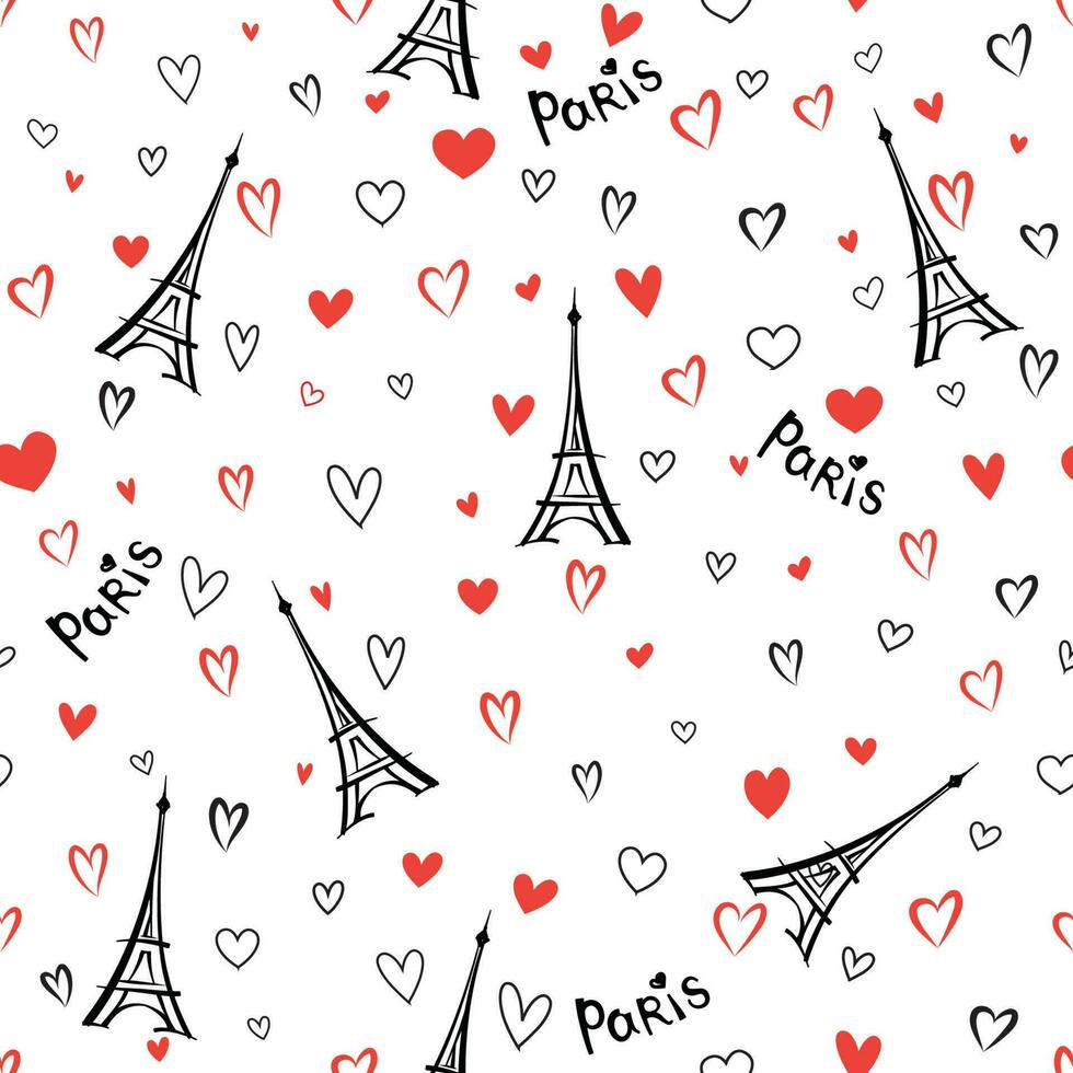 Paris city vacation seamless pattern. Travel France wallpaper. French landmark background. Love heart seamless pattern vector