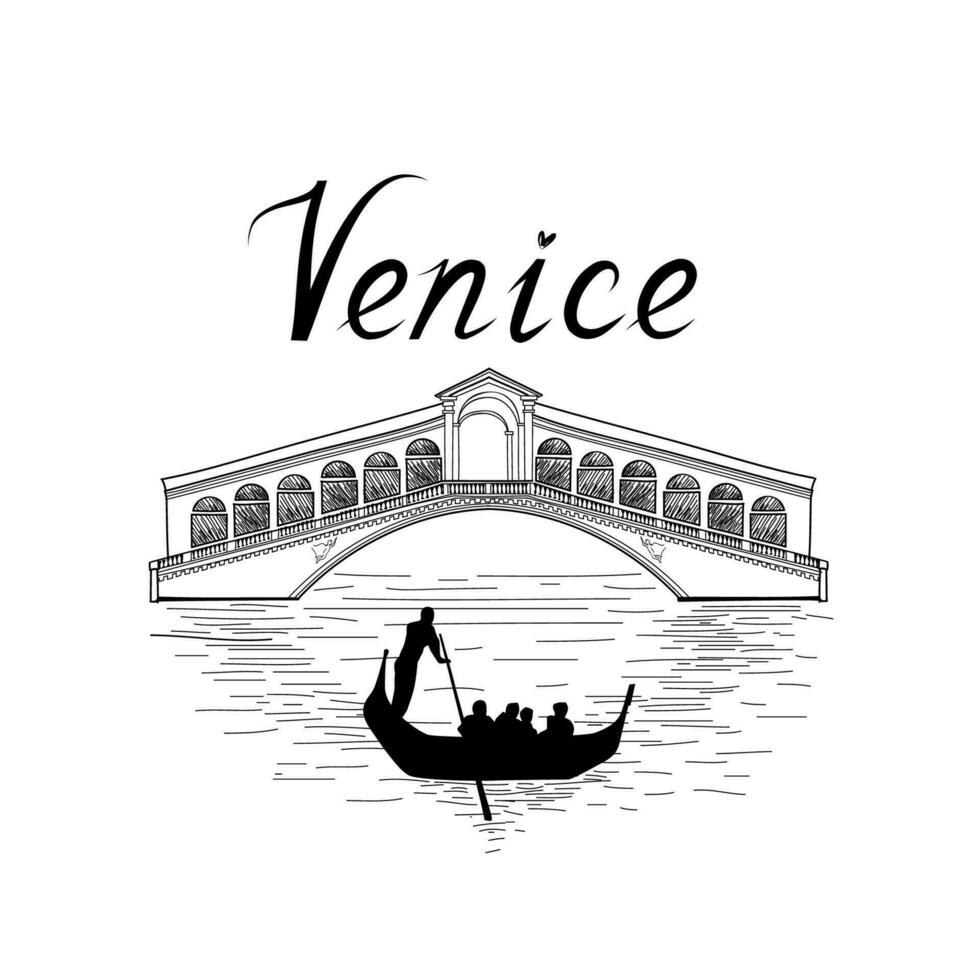 Venice famous landmark. Canal, gondola place view. Travel Italy background. City Rialto bridge  retro drawing vector