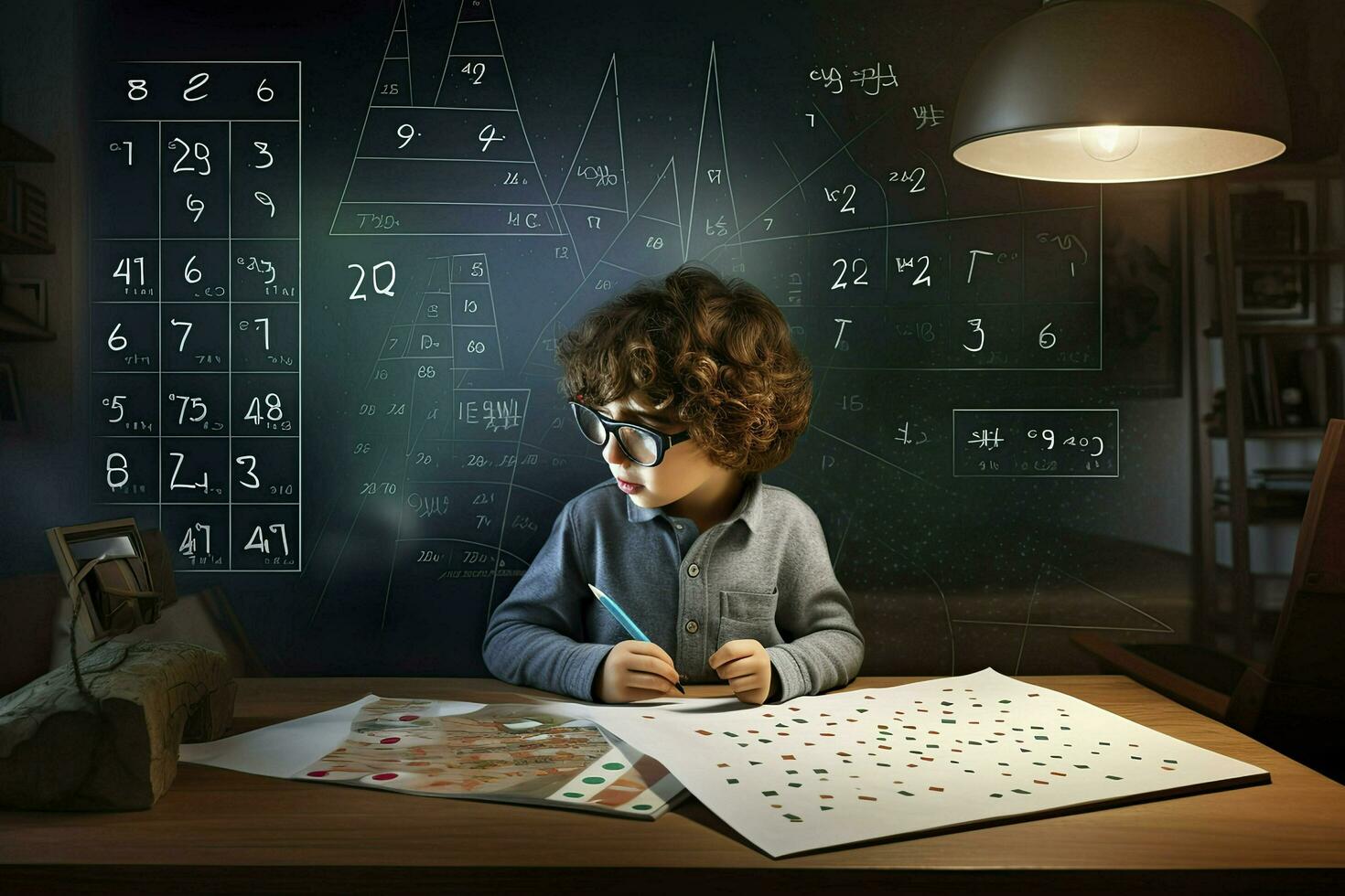 AI generated The child does his homework using a laptop. Visualization of thought. The use of gadgets by children, the benefits of electronic devices photo