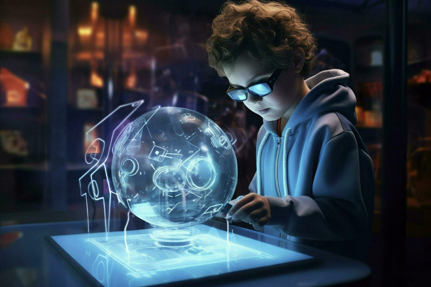 AI generated The child does his homework using a laptop. Visualization of thought. The use of gadgets by children, the benefits of electronic devices photo