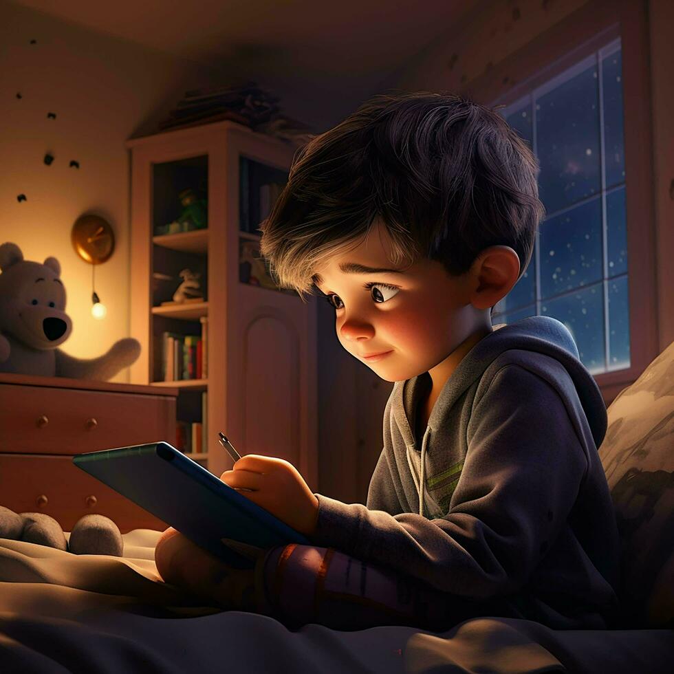 AI generated The child does his homework using a laptop. Visualization of thought. The use of gadgets by children, the benefits of electronic devices photo