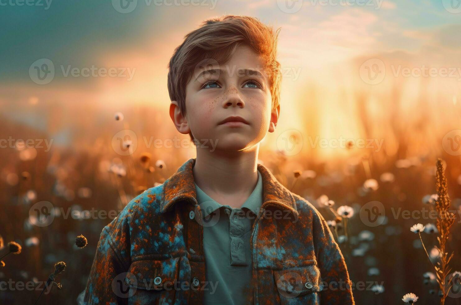 AI generated Boy in wild nature field with mischievous grin. Generate ai photo