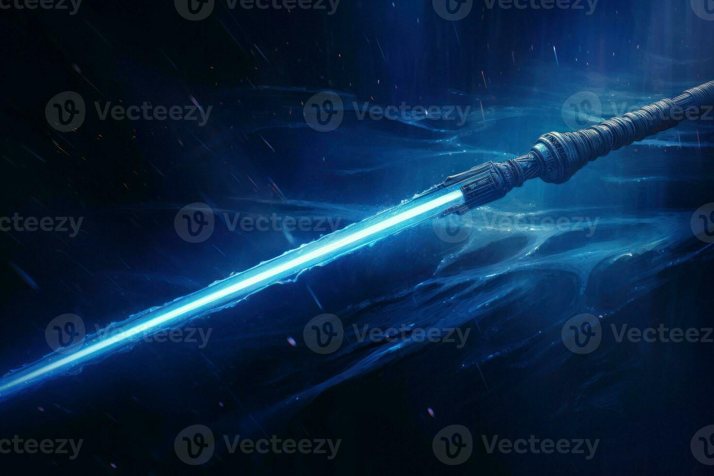 AI generated Blue shiny lightsaber in darkness. Generate ai photo