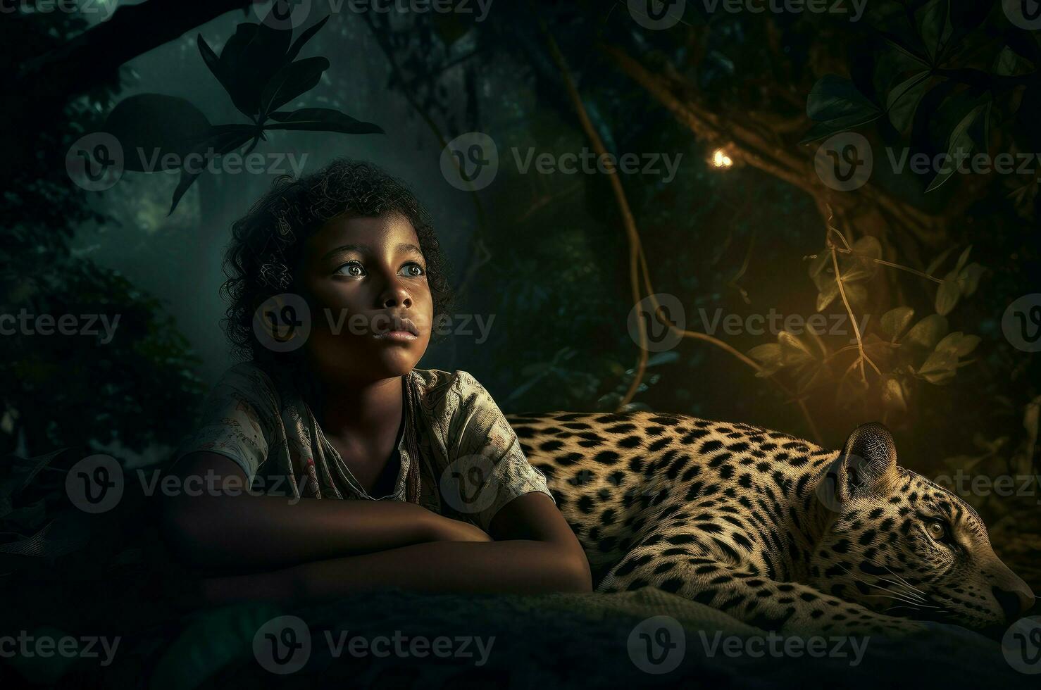 AI generated Dark jungle nature with boy and leopard. Generate ai photo