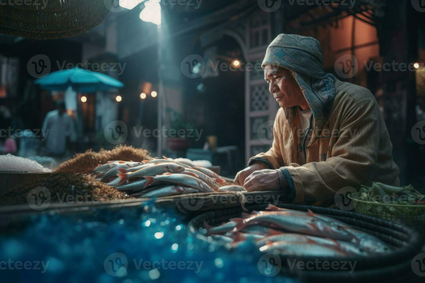 AI generated Arabian fish seller bazaar stall. Generate ai photo