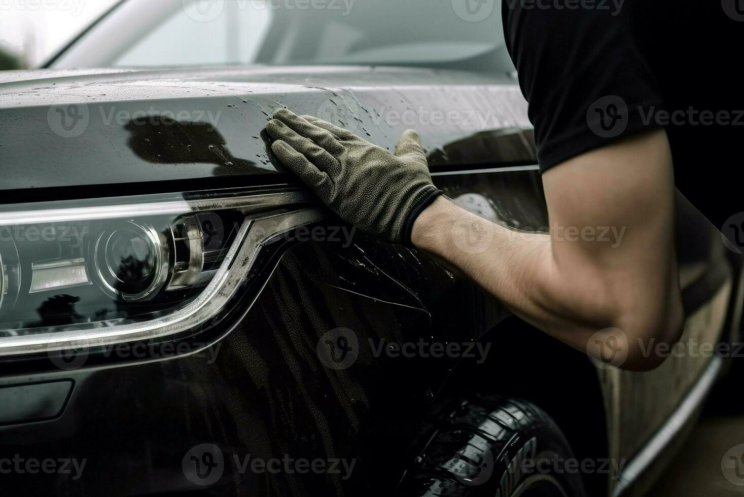 AI generated Male hand touching wet dirty car. Generate ai photo