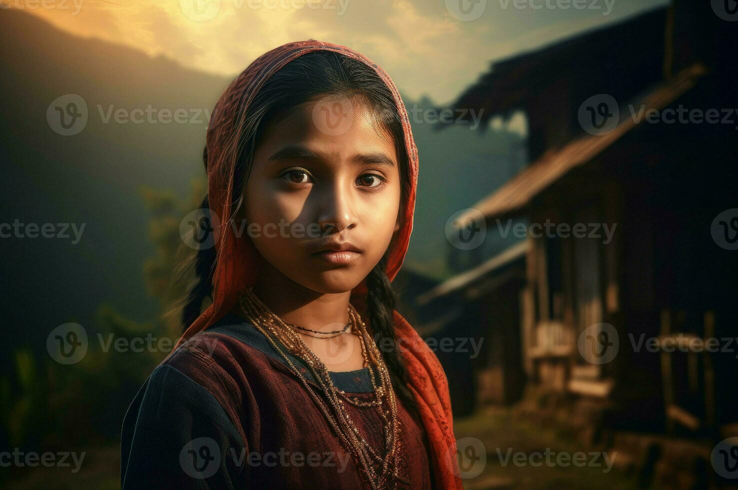 AI generated Nepali ethnic village girl. Generate ai photo