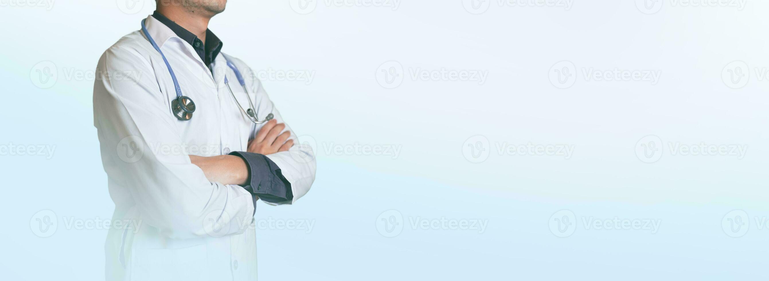 Medicine Doctor or nurse in front of a bright lab background. Healthcare and medical portrait concept. Hospital background photo