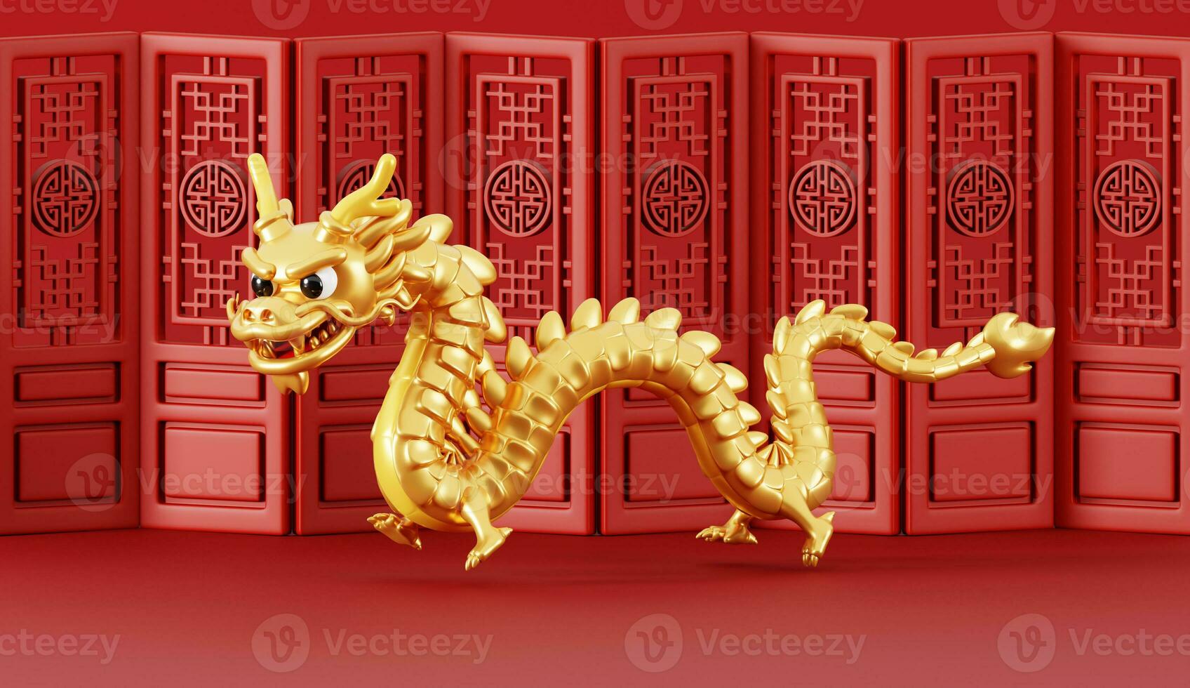 3d render for Happy Chinese new year 2024 of golden dragon zodiac on red background. photo