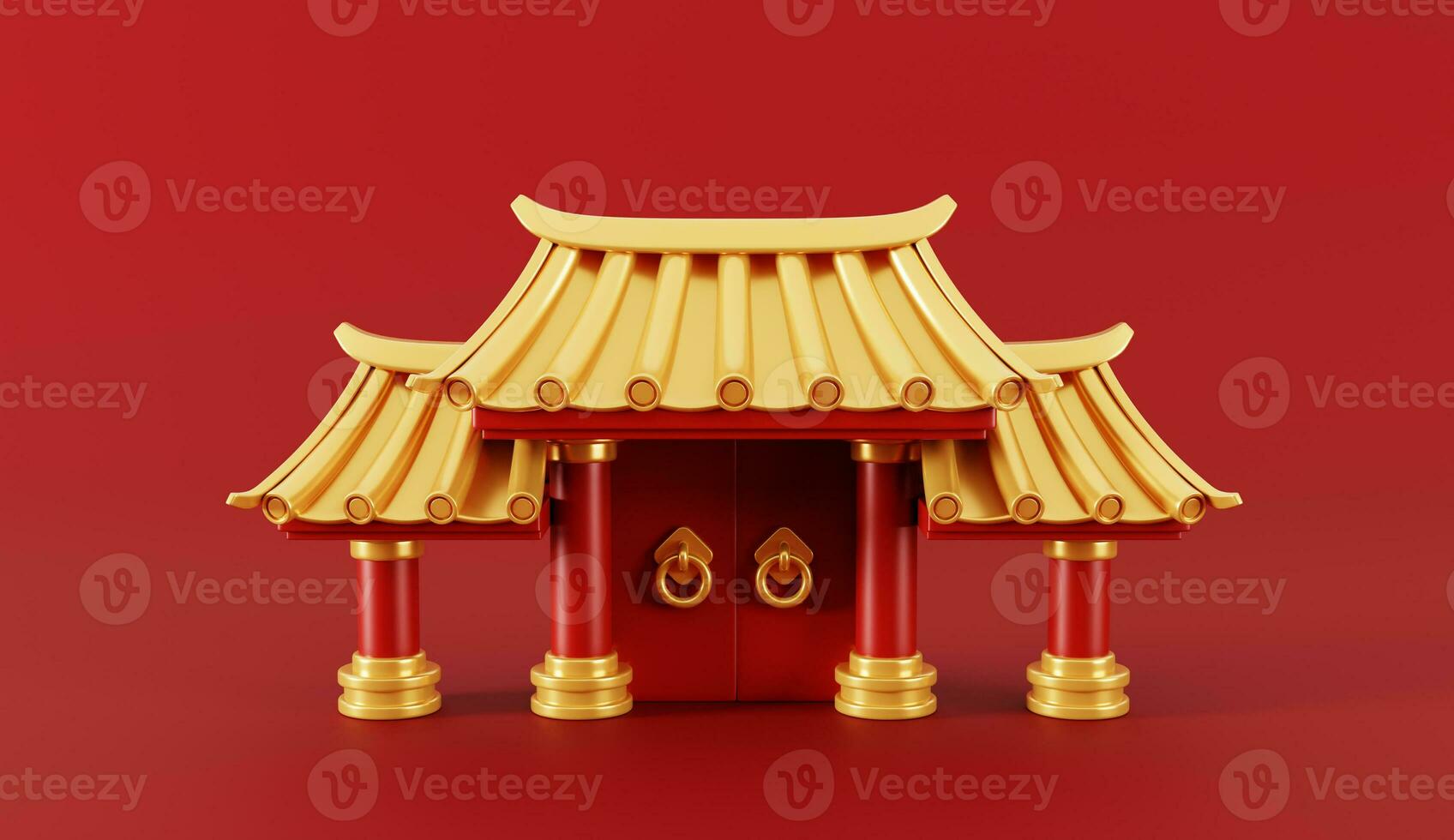 3d render of Chinese temple gate for Happy Chinese new year 2024 on red background. photo