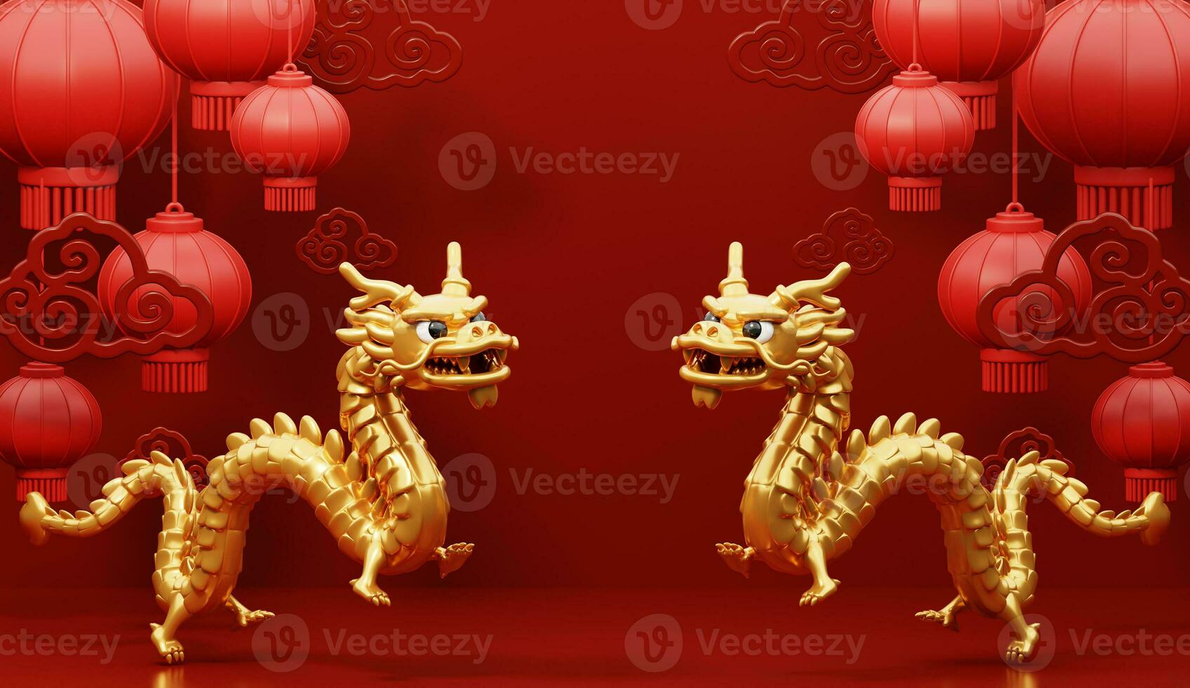 3d render for Happy Chinese new year 2024 of golden dragon zodiac with lanterns and cloud on red background. photo