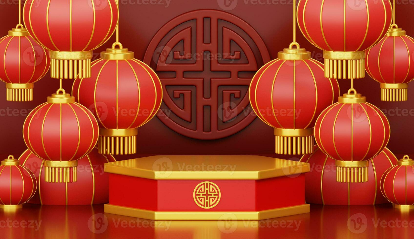 3d render for Happy Chinese new year 2024 of dragon zodiac with podium and lanterns on red background. photo