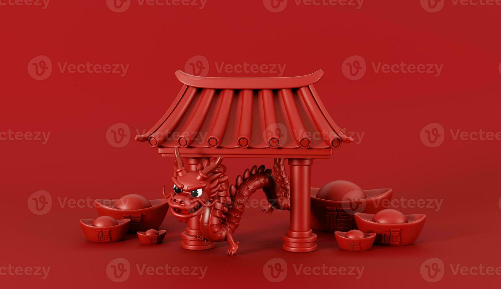 3d render of Chinese gate with red dragon and money bag full of coins and ingots for Happy Chinese new year 2024 on red background. photo