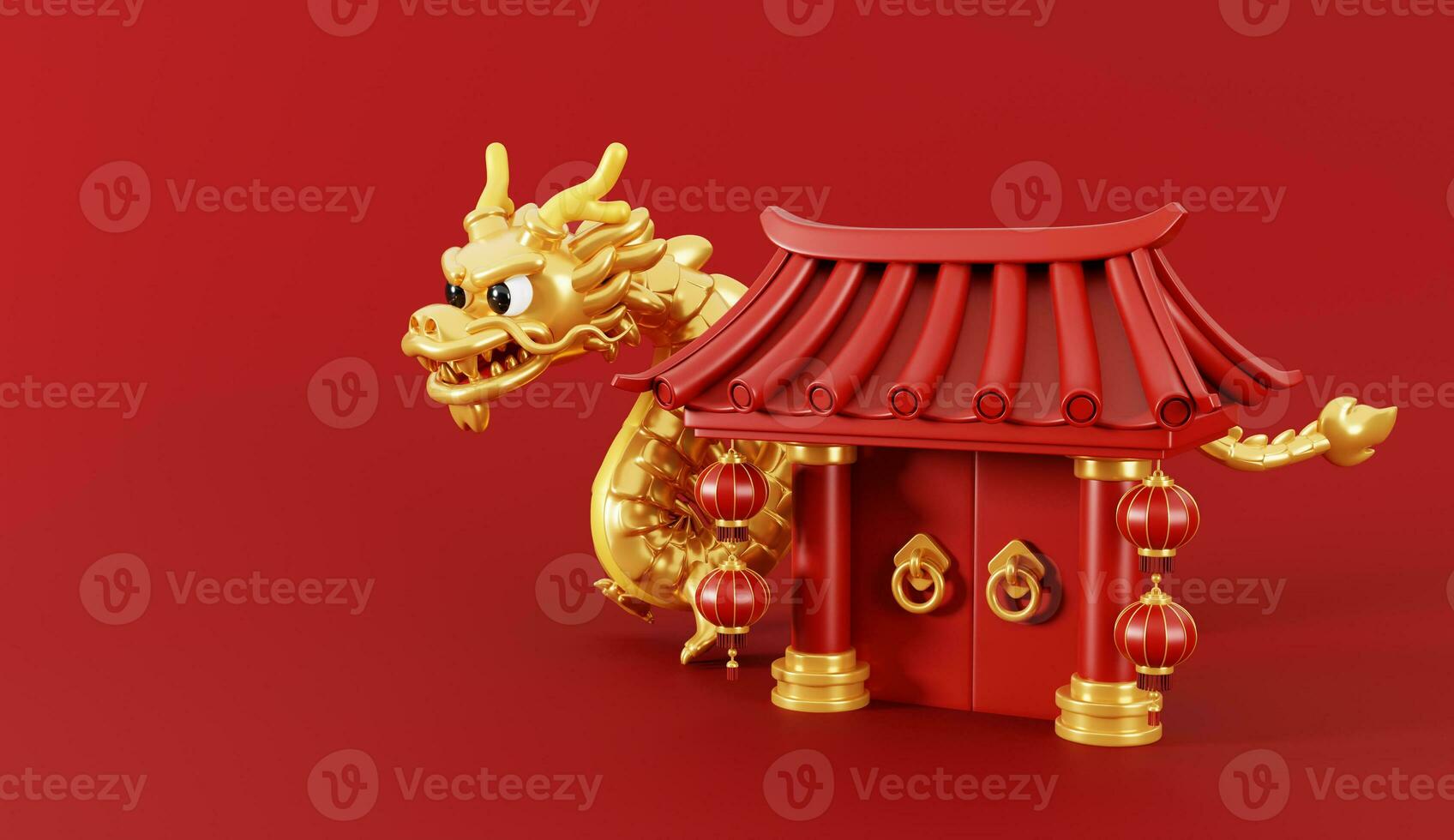 3d render of Chinese gate with lanterns and golden dragon for Happy Chinese new year 2024 on red background. photo