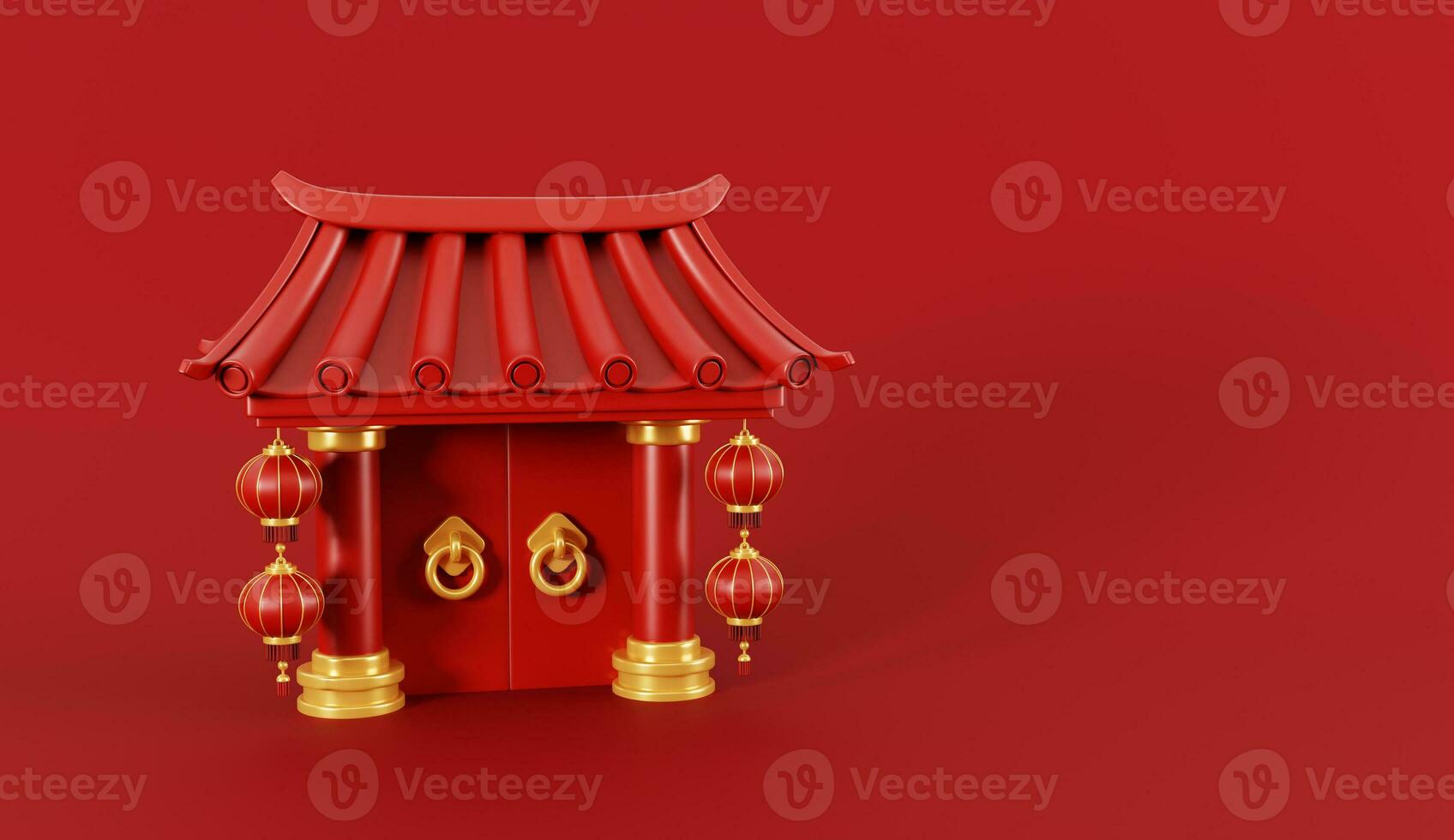 3d render of Chinese gate with lanterns for Happy Chinese new year 2024 on red background. photo
