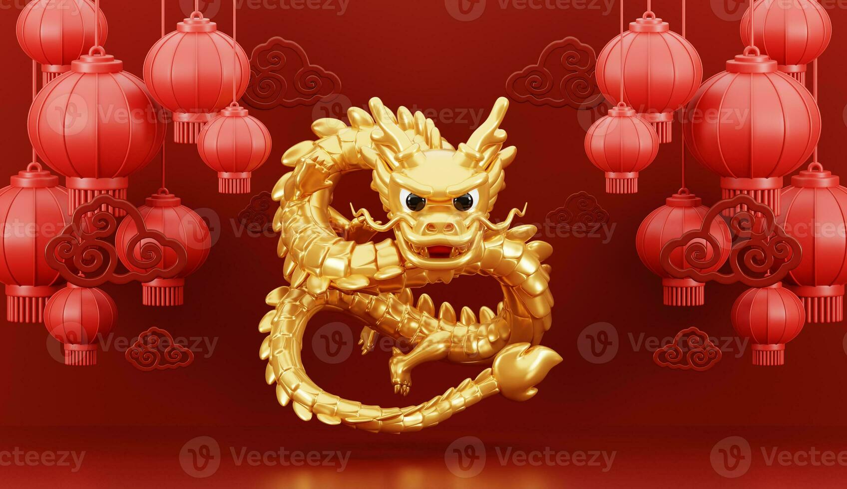 3d render of Golden dragon with lanterns for Happy Chinese new year 2024 on red background. photo