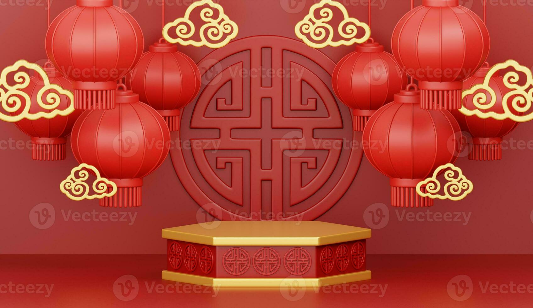 3d render for Happy Chinese new year 2024 of dragon zodiac with podium and lanterns on red background. photo