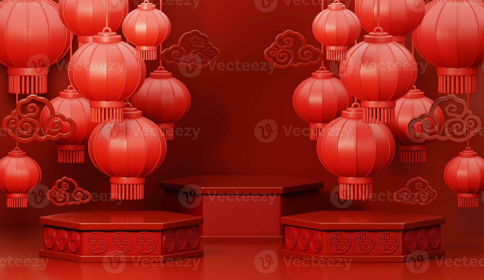 3d render of three podium with lanterns for Happy Chinese new year 2024 on red background. photo