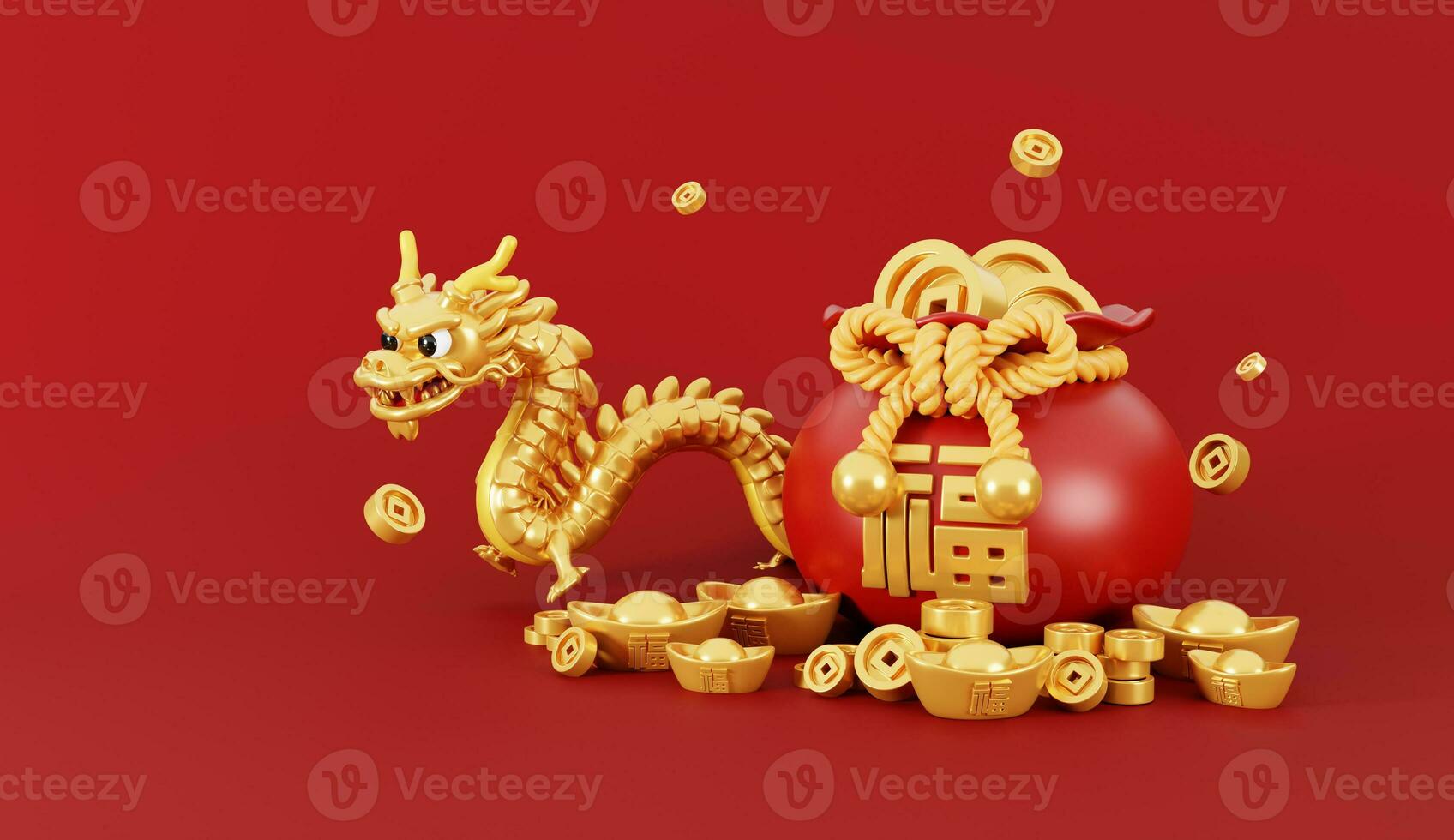 3d render of Chinese dragon with money bag, coins and ingots for Happy Chinese new year 2024 on red background. photo