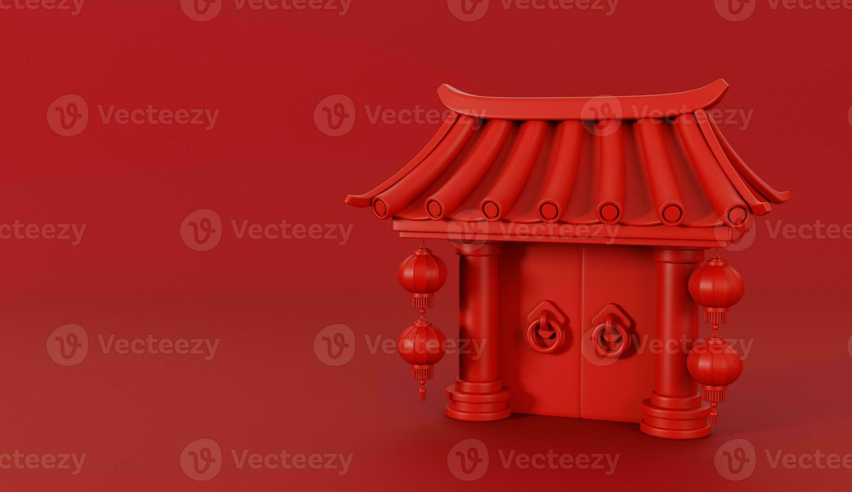 3d render of Red Chinese temple gate with lanterns for Happy Chinese new year 2024 on red background. photo