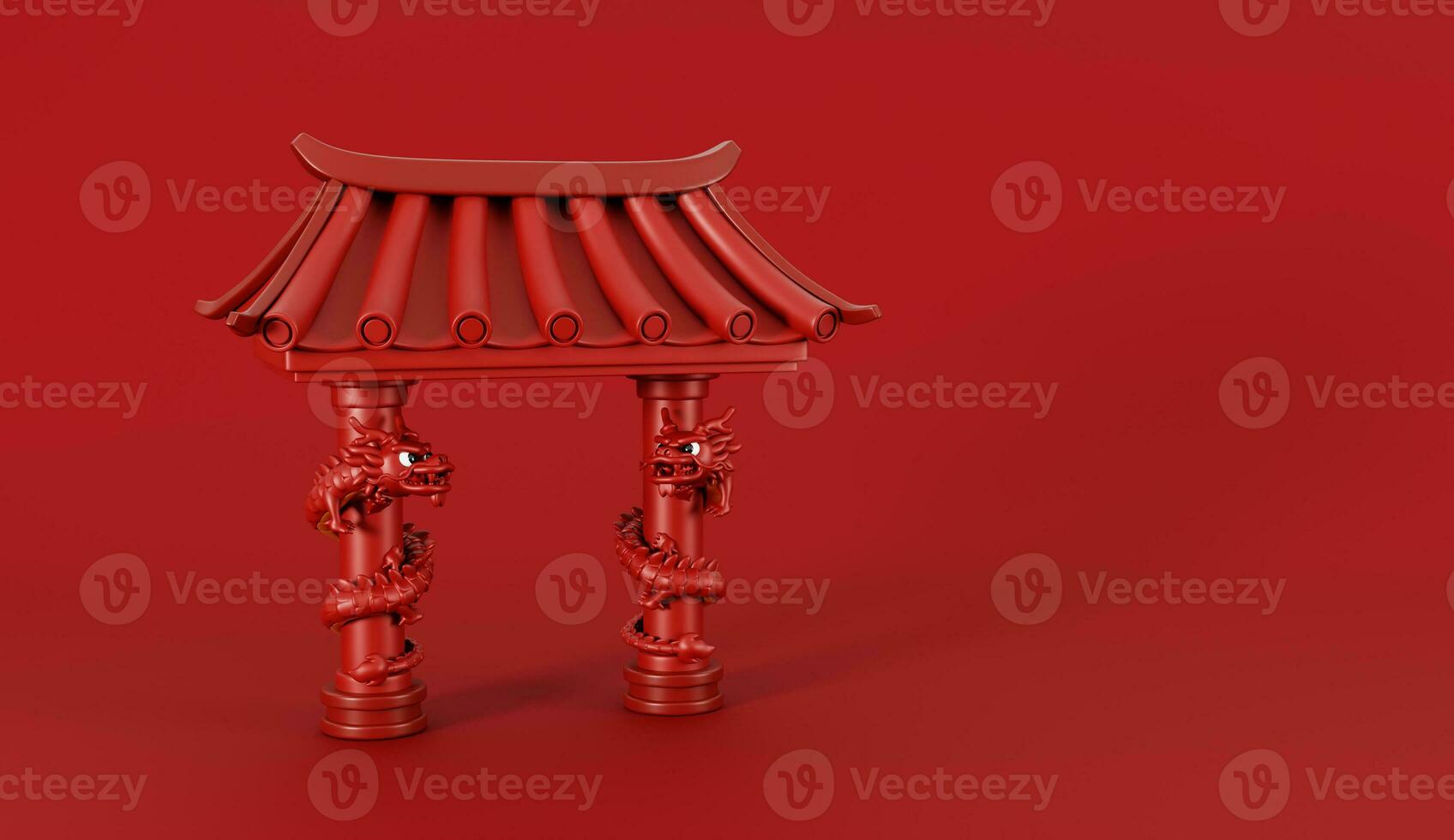 3d render of Red Chinese gate with red dragon on pole for Happy Chinese new year 2024 on red background. photo