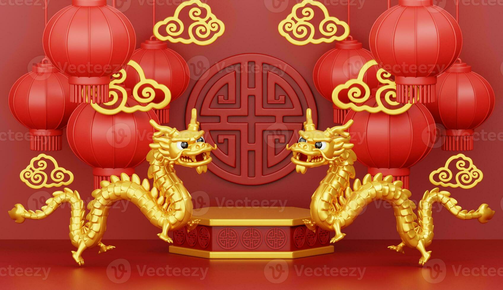3d render of podium with golden dragons and lanterns for Happy Chinese new year 2024 of on red background. photo
