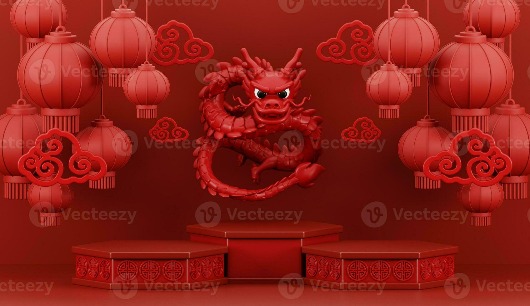 3d render of Red Dragon floating on podium with lanterns for Happy Chinese new year 2024 on red background. photo