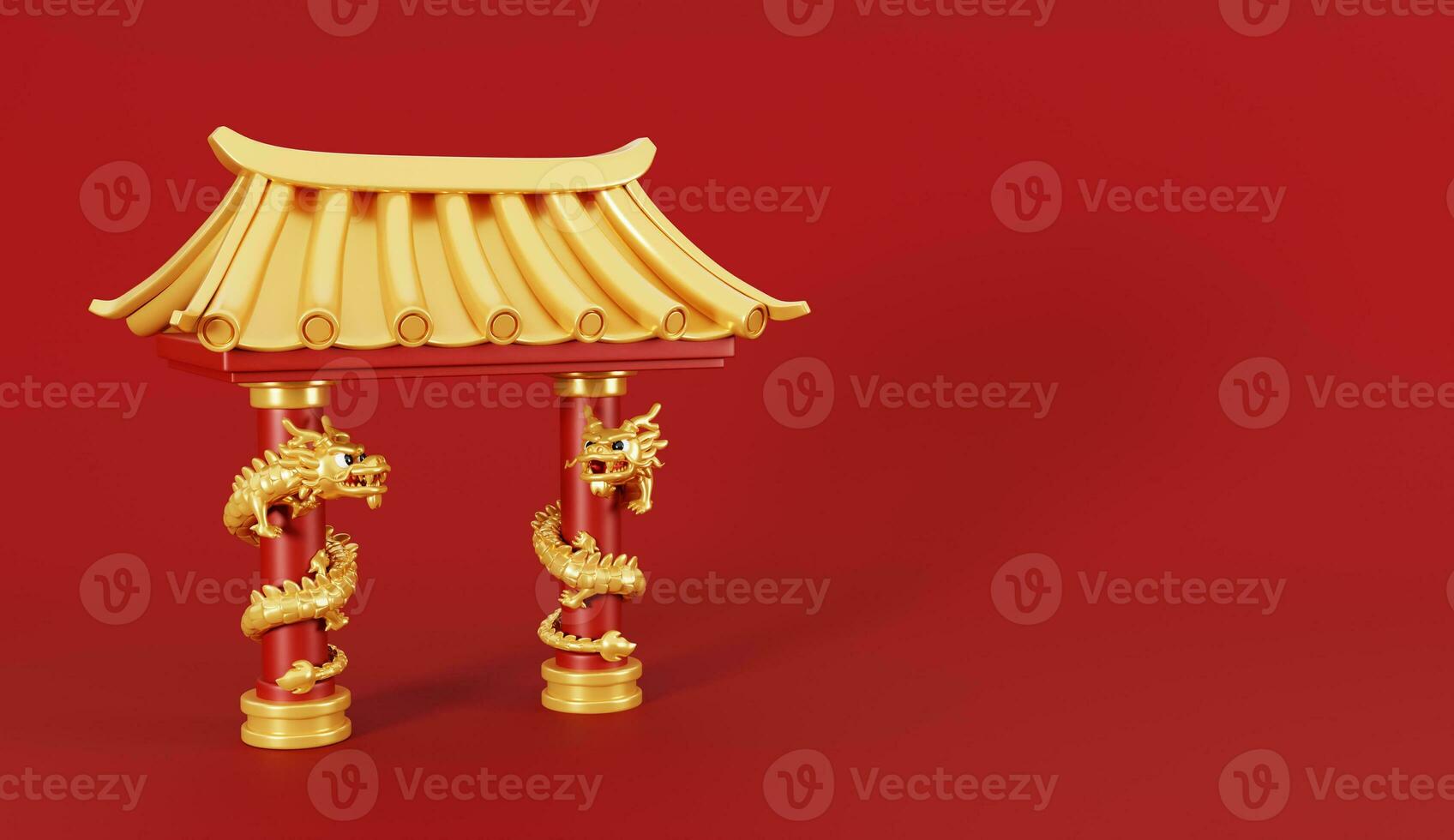 3d render of Chinese gate with golden dragon for Happy Chinese new year 2024 on red background. photo