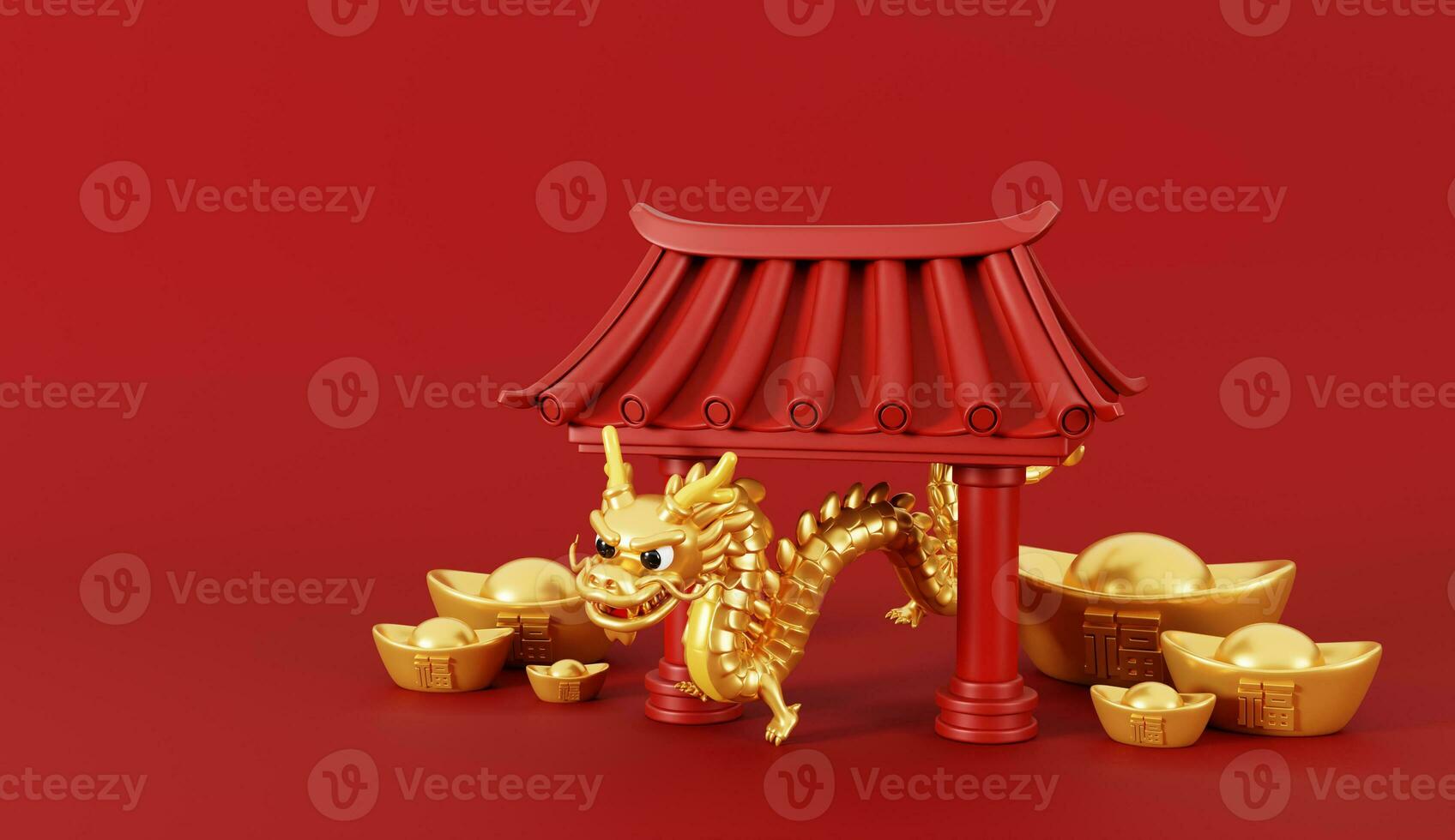 3d render of Chinese gate with golden dragon and money bag full of coins and ingots for Happy Chinese new year 2024 on red background. photo