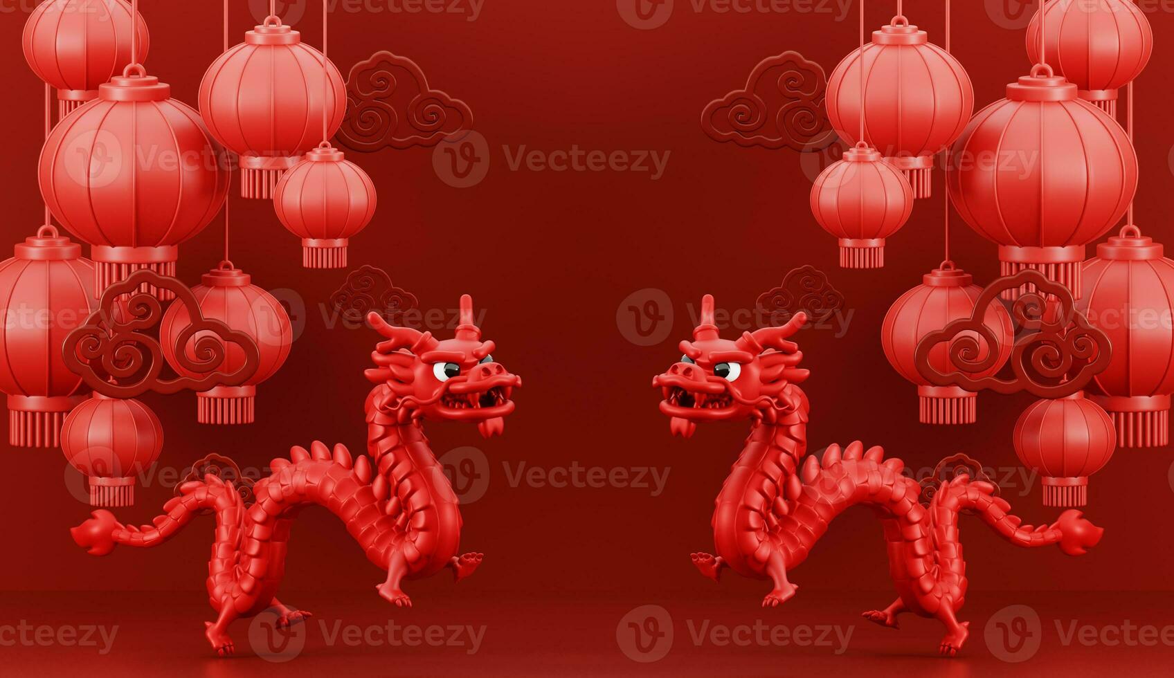 3d render for Happy Chinese new year 2024 of dragon zodiac with lanterns and cloud on red background. photo