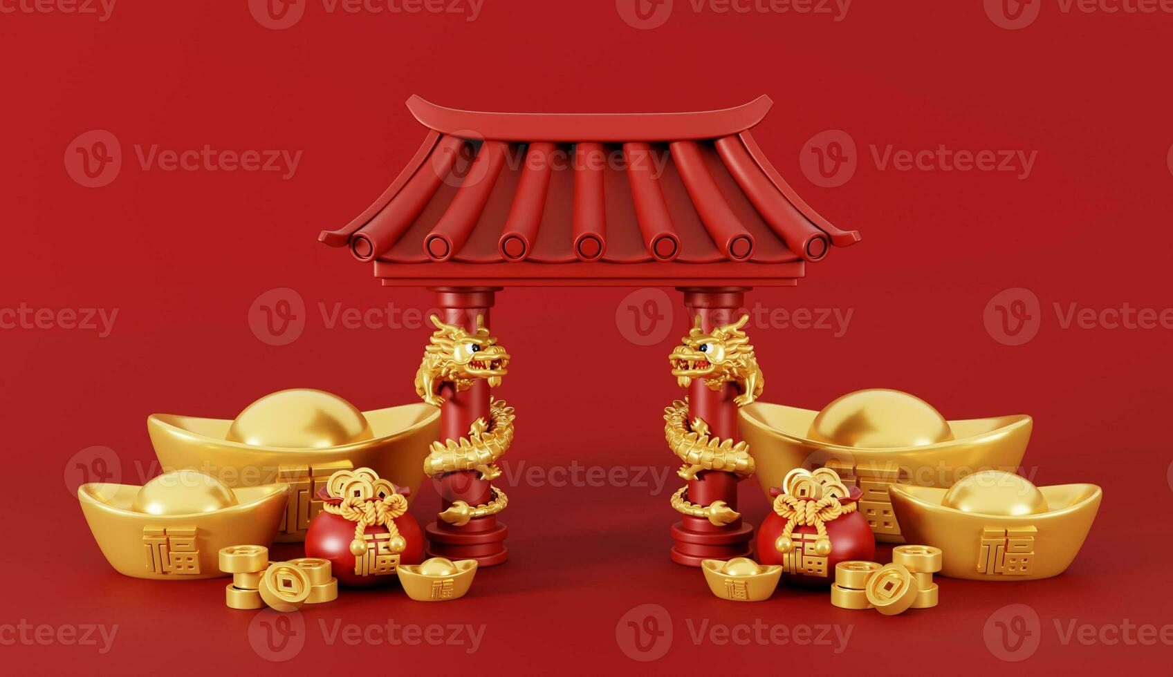 3d render of Chinese gate with golden dragon on pole and money bag full of coins and ingots for Happy Chinese new year 2024 on red background. photo