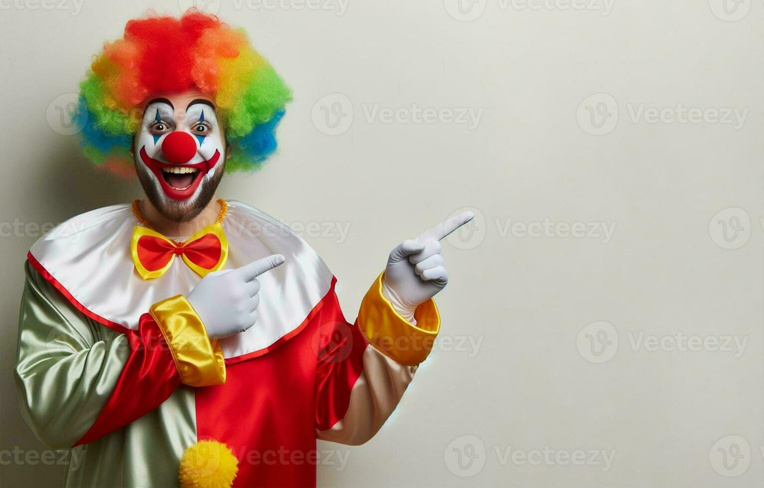 a clown points to an empty area, a templet or mockup for advertising. AI generated photo