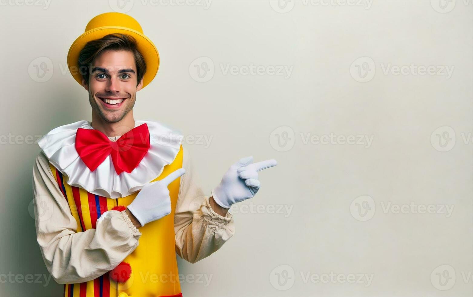 a clown points to an empty area, a templet or mockup for advertising. AI generated photo