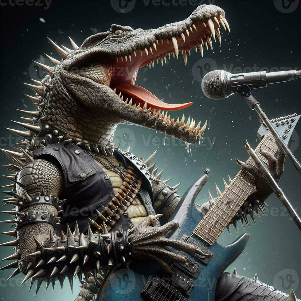 illustration of a crocodile playing guitar, singing rock, generated by AI photo