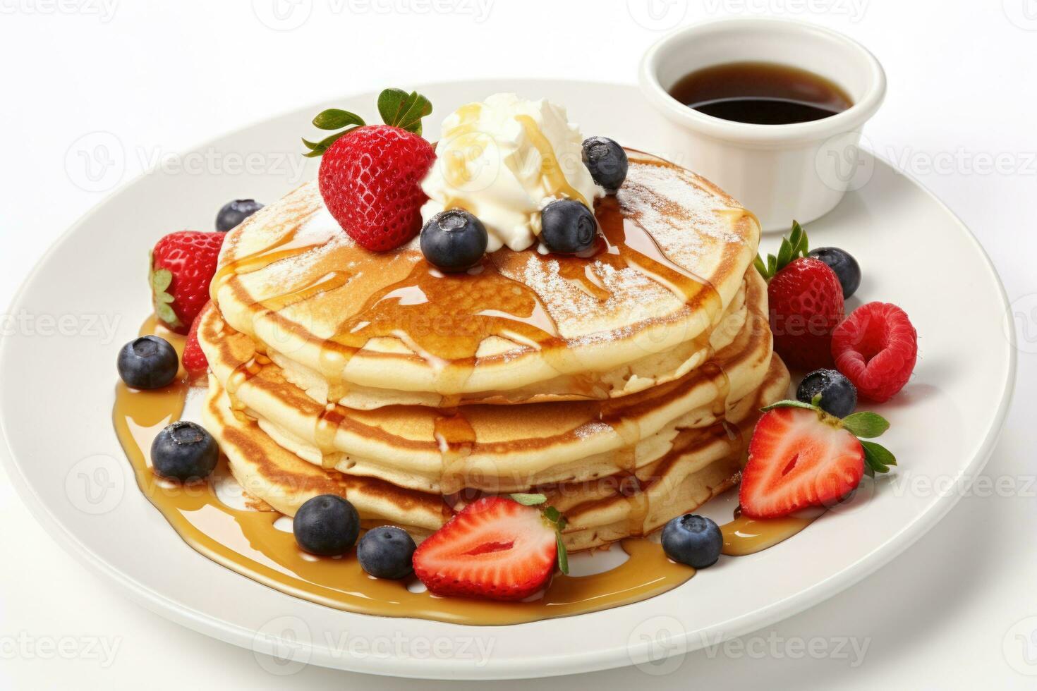 AI generated Pancakes served with syrup and fruits on white plate photo